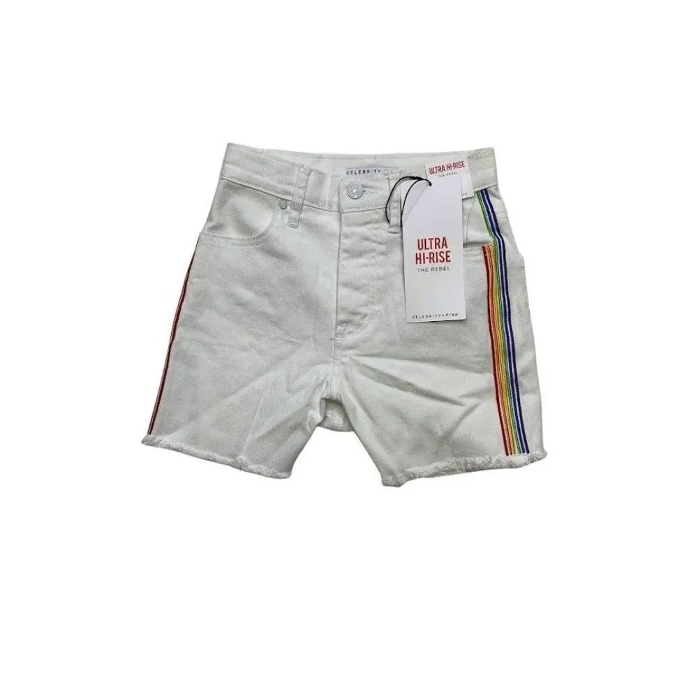 Celebrity Pink Jean Shorts 0 White Juniors' Rainbow Stripe Stretch‎ Raw-Hem NEW